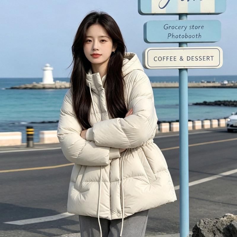 Waist puff down jacket women's new white duck down warm light hooded drawstring thin coat tide