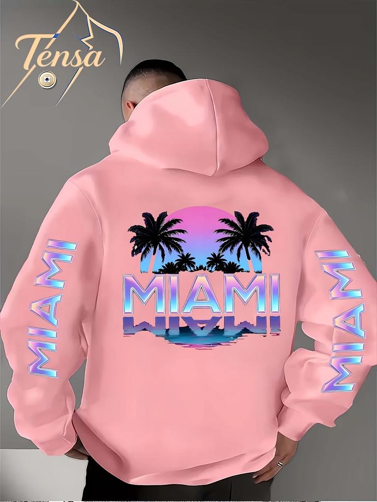 Street Culture Symbol Print Hellblau Gradient Sonnenuntergang + Palme. Herren Herbst-Winter Kapuzenpullover mit Miami-Schriftmuster-Print