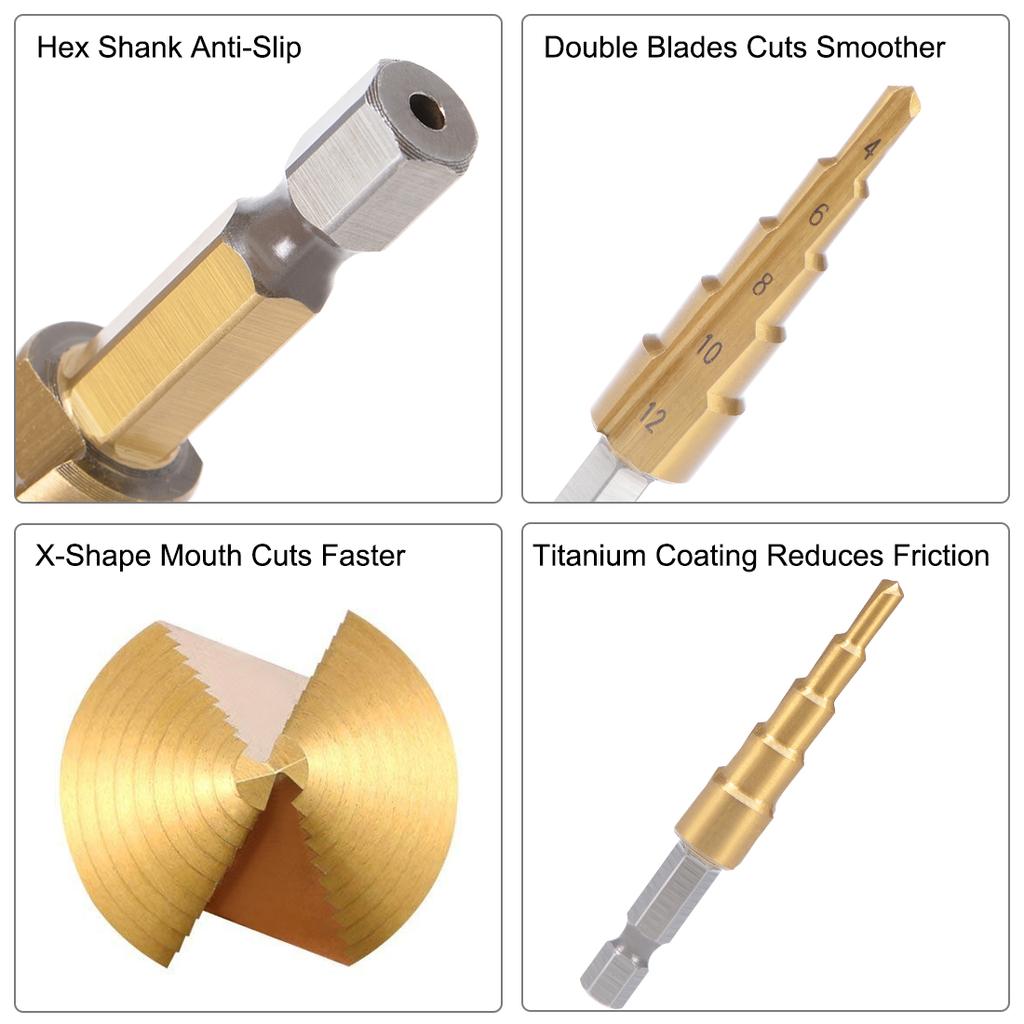 4mm To 12mm 4mm To 20mm Step Drill Bit HSS 4241 Titanium Coated Straight Flutes Hex Shank for Metal Wood Plastic