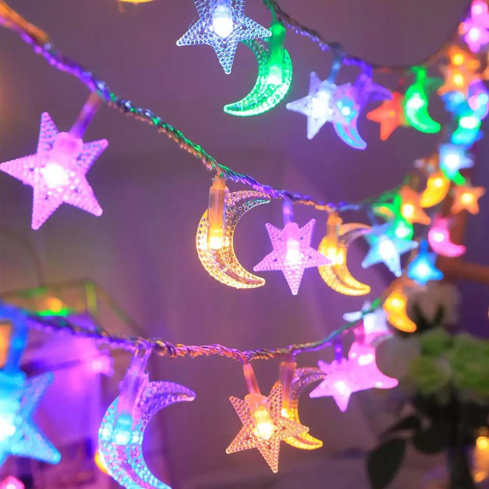 LED Colorful Star and Moon Decoration Atmosphere Lamp String Fairy Decoration Hanging Lamp for Home Garden Camping and Gathering