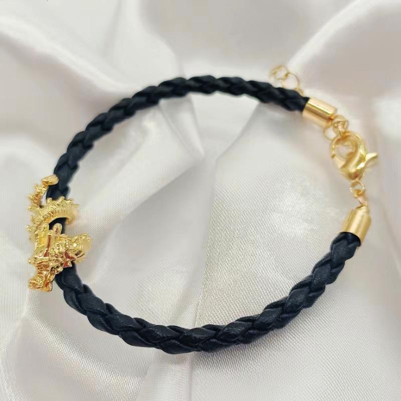 Flying Dragon Handwoven Leather Bracelet: Year of the Dragon Good Luck Charm with Coiled Dragon and Koi Design