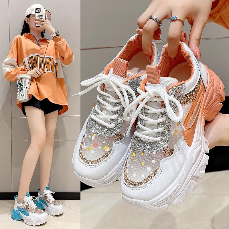 Fashion Shoes for Women Platform Shoes Autumn Women Casual Breathable Mesh Sequin Sneakers Wedges Sports Lace-up Non-slip Shoes