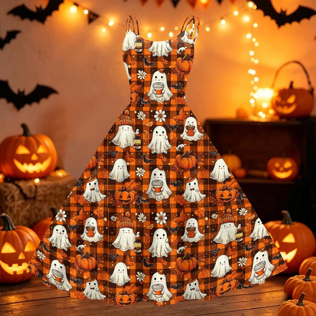 Women's Halloween Print Off Shoulder Dress Vintage Punk Style A Line Midi Dress with Flared Skirt and Adjustable Straps for Party