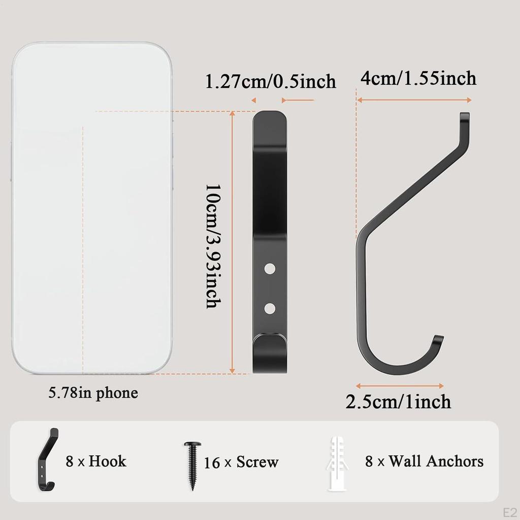 8x Coat Hooks Wall Mount Organizer Decor Space Saving Hangers Behind Door for Closet