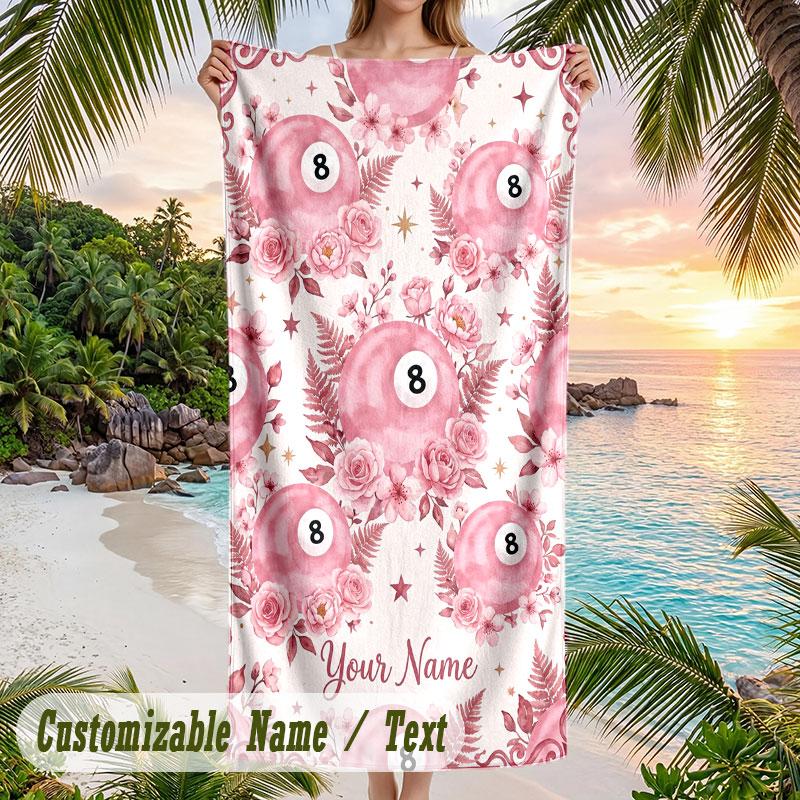 Pink Daisy Floral Card Theme Quick Dry Beach Towel Custom Name Text Print Large Sand Resistant Towel Beach Vacation