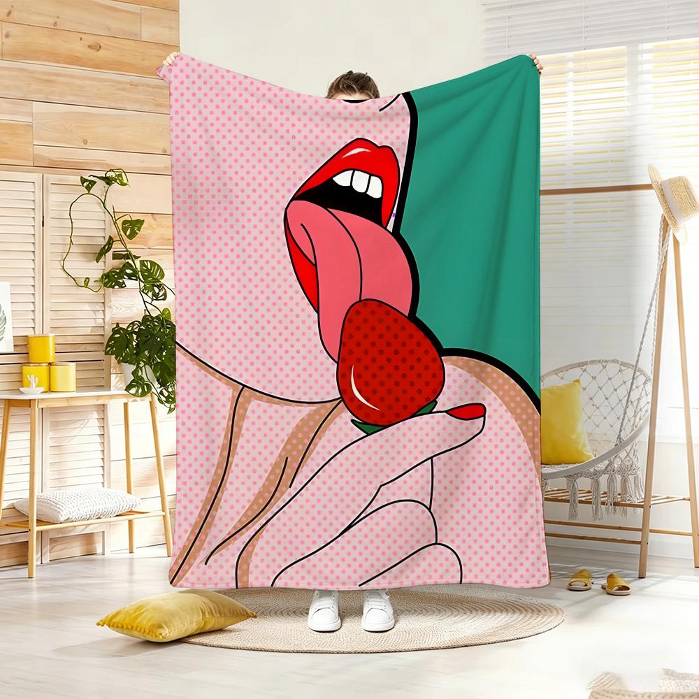 Colorful Pop Art Lips with Strawberry Throw Lightweight 240g Flannel Blanket Soft Skin-friendly for Summer Cooling
