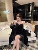 Sexy French swinging collar golden velvet pajamas women's autumn and winter pure desire with chest pad lace suspender nightdress robe two-piece set