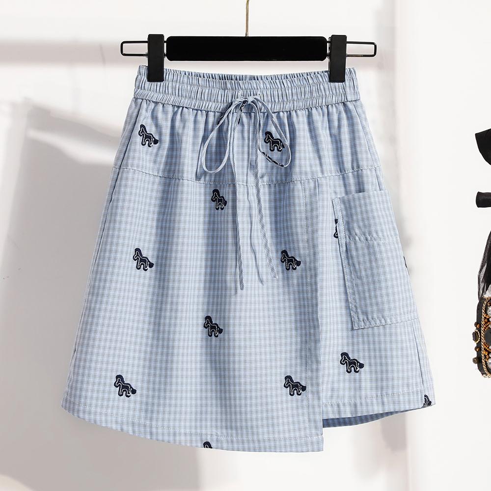 DIMANAF 2026 Spring Summer Plus Size Women Skirt Pants Elastic Waist Oversize Loose Casual Shorts Cotton Print Plaid