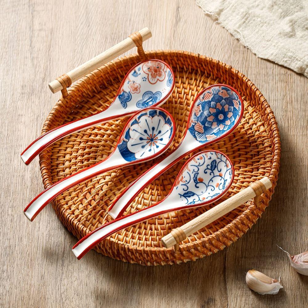 Set of 4 Porcelain Ramen Spoons Curved Handle Cooking Utensil Wonton Ceramic Soup Spoon  Home