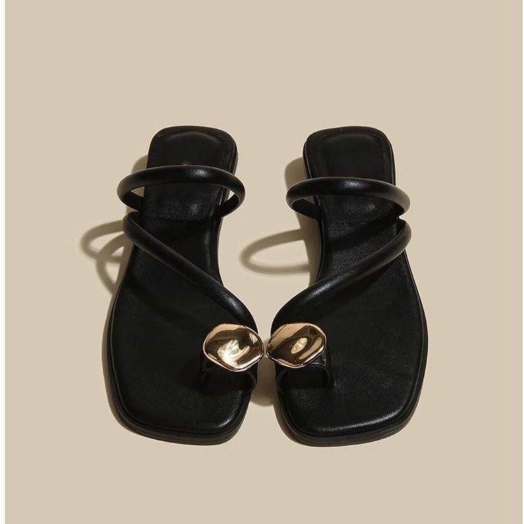 Toe slippers~ Women's summer outer wear 2025 new metal high-end fashion thick heel cool slippers women's comfort
