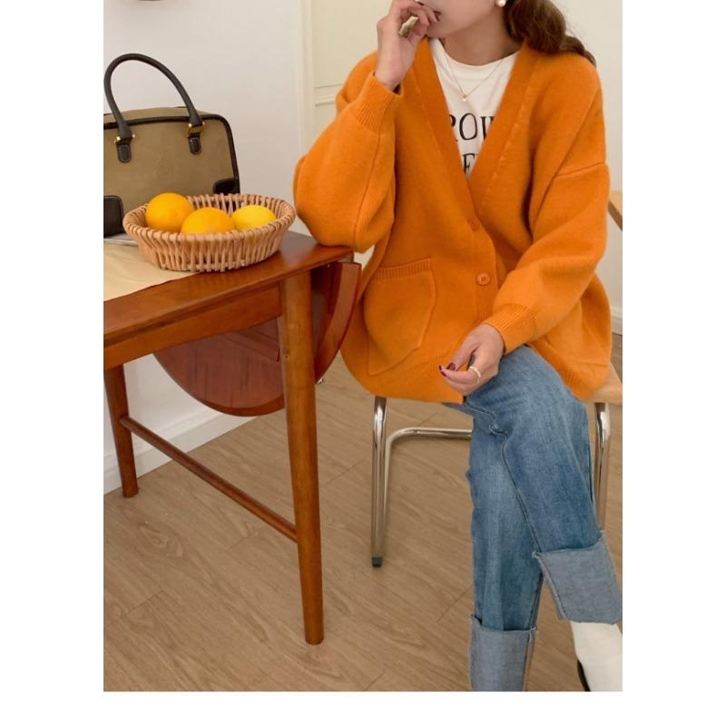 Solid Color Milk Style Autumn and Winter Sweater Cardigan Women's New Lazy Style Loose V-neck Gentle Knitted Coat Top