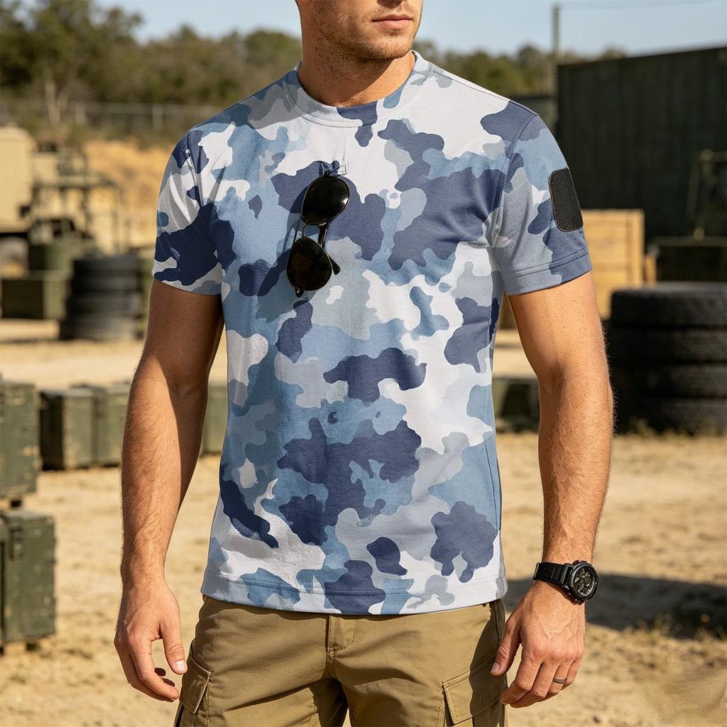 Men's Tactical Outdoor Quick Dry Short Sleeve T Shirt Loose Fit Breathable Crew Neck Camouflage Print with Hook and Loop Patch Area