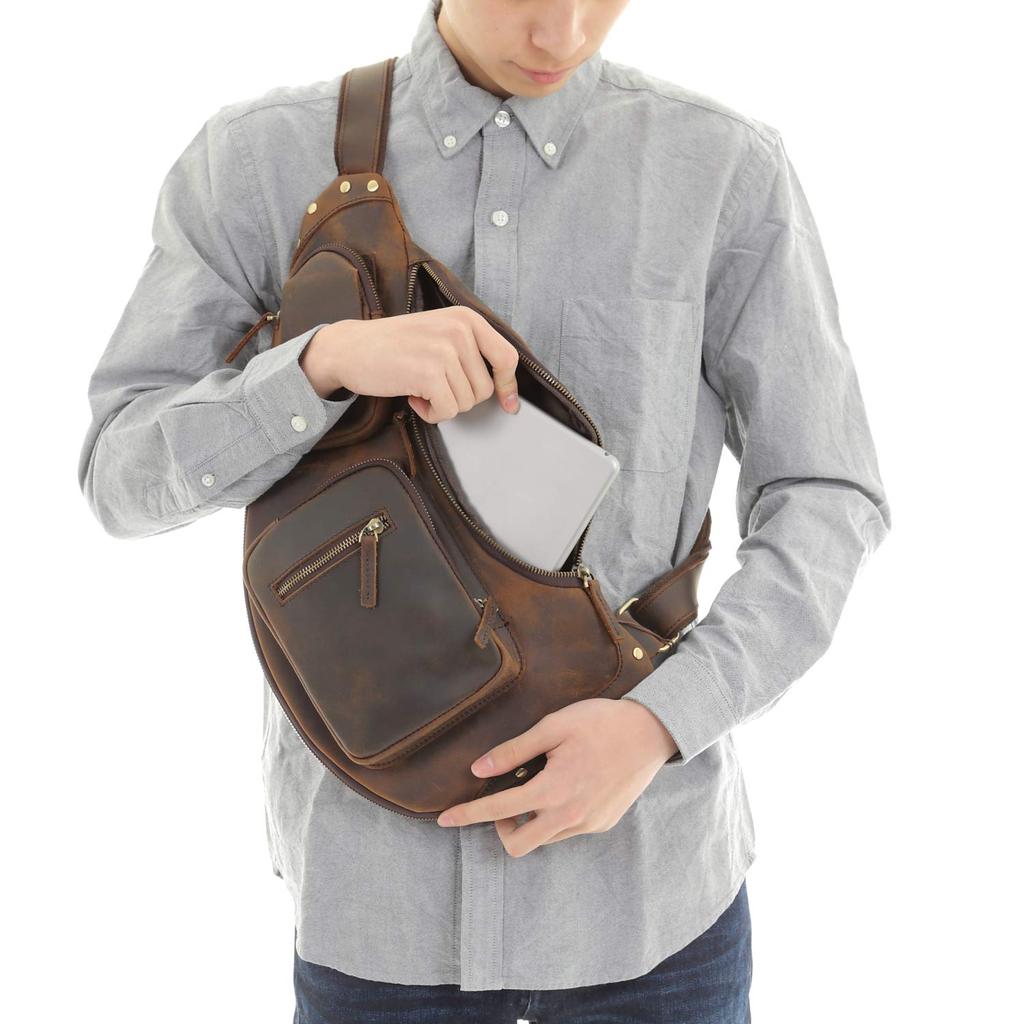 [monolife] Genuine Leather Body Bag for Men and Women, Shoulder Bag, Crossbody Bag, 6 Colors Available (Old Coffee Brown, Natural Leather)