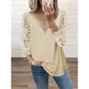 V-neck Patchwork Hollow Lace Sleeve TOPV Collar Patchwork Cut Out Lace Sleeve Tops