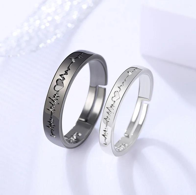 1/2 Stück Romantische Partnerringe für Damen Herren Punk Herz EKG Schwarz Weiß Ewige Liebe Versprechen Ehering Valentinstagsgeschenk