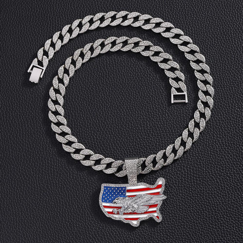 American Flag Drip Oil Full Diamond Alloy Pendant American Independence Day Hip Hop Necklace Men's Necklace Jewelry