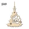Wooden Christmas Tree Ornaments Wood Pendant with Paw Print, Hollow Engraved Hanging Natural Craft Ornament, Rustic Style for Holiday Party Home Decor