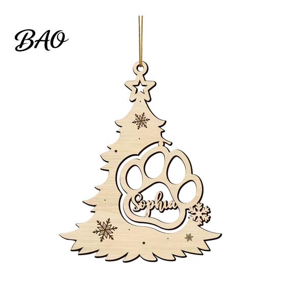 Wooden Christmas Tree Ornaments Wood Pendant with Paw Print, Hollow Engraved Hanging Natural Craft Ornament, Rustic Style for Holiday Party Home Decor