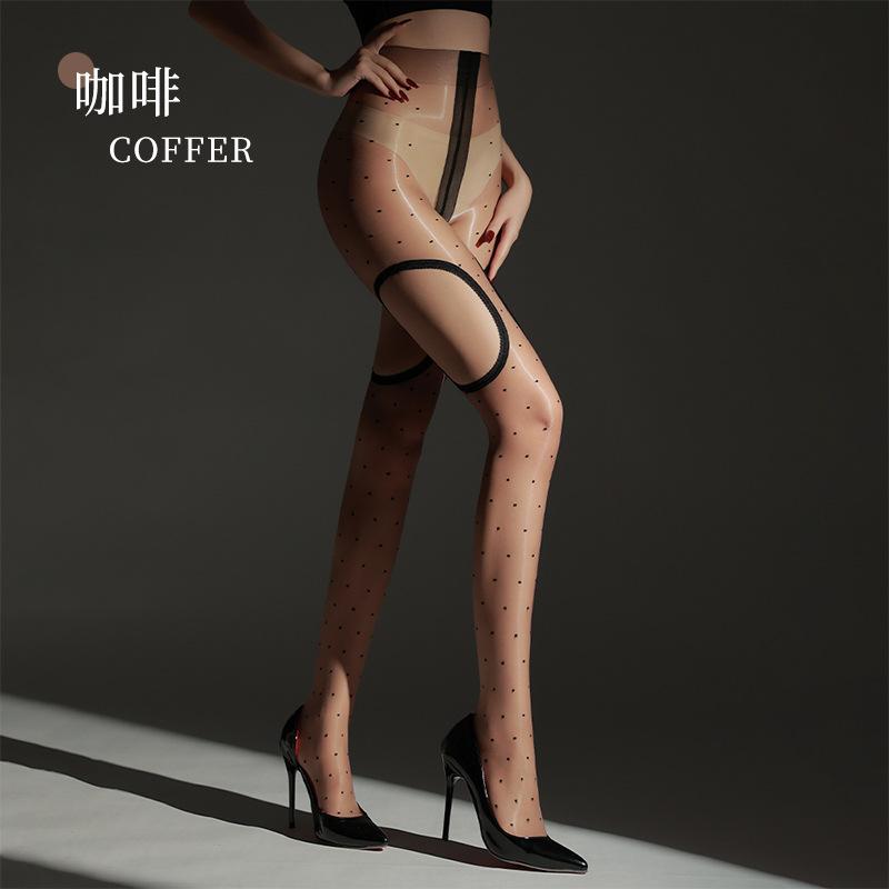 Four Side Hollow Out Pantyhose Dot Print Sexy Oil Shiny Sheer Women's Tights Stocking Allure High Waist Slim Pantyhose Lingeries
