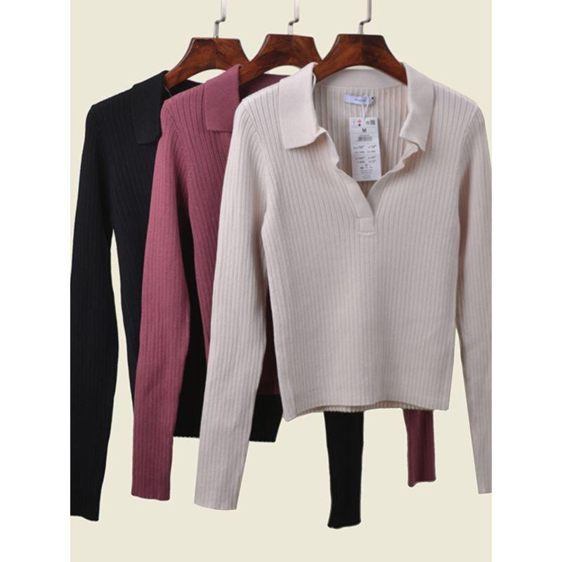 Polo Collar Long Sleeves Knitwear Fashion Style V-neck Casual Fall Base Tops Foreign Trade Original Order Pullover Women's Clothing