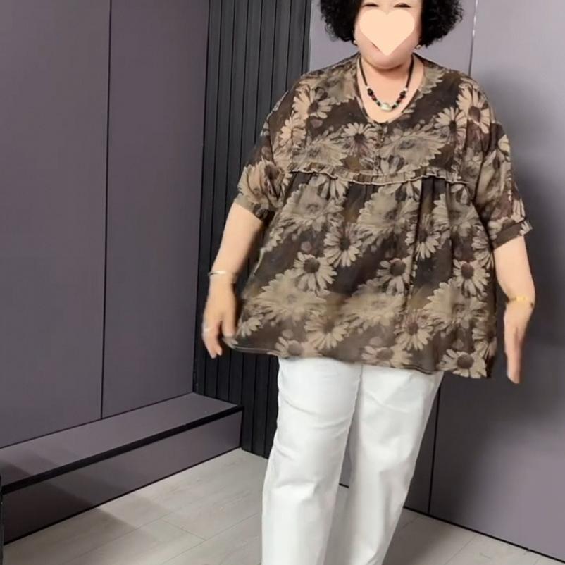 

Loose Chiffon Shirt, Large Size, Short-sleeved, Thin, Mother s Summer Shirt, Western-style Printed Belly-covering Blouse 6XL кавовий