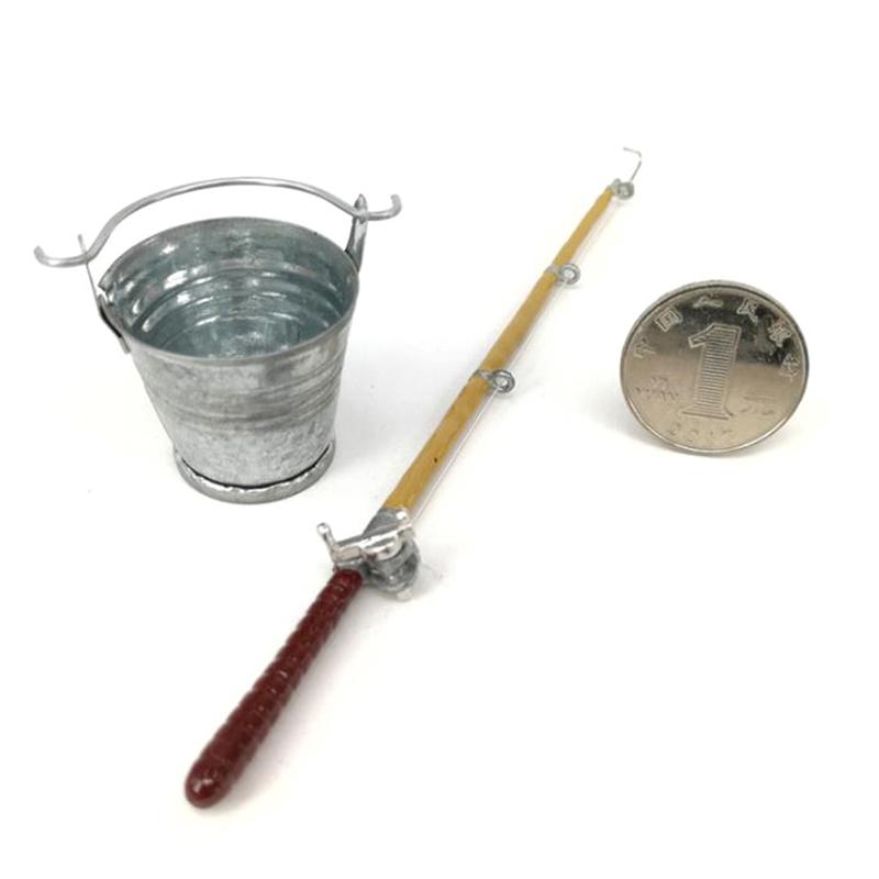 2Pcs/Set 1:12 Dollhouse Miniature Metal Fishing Rod Model + Water Bucket
