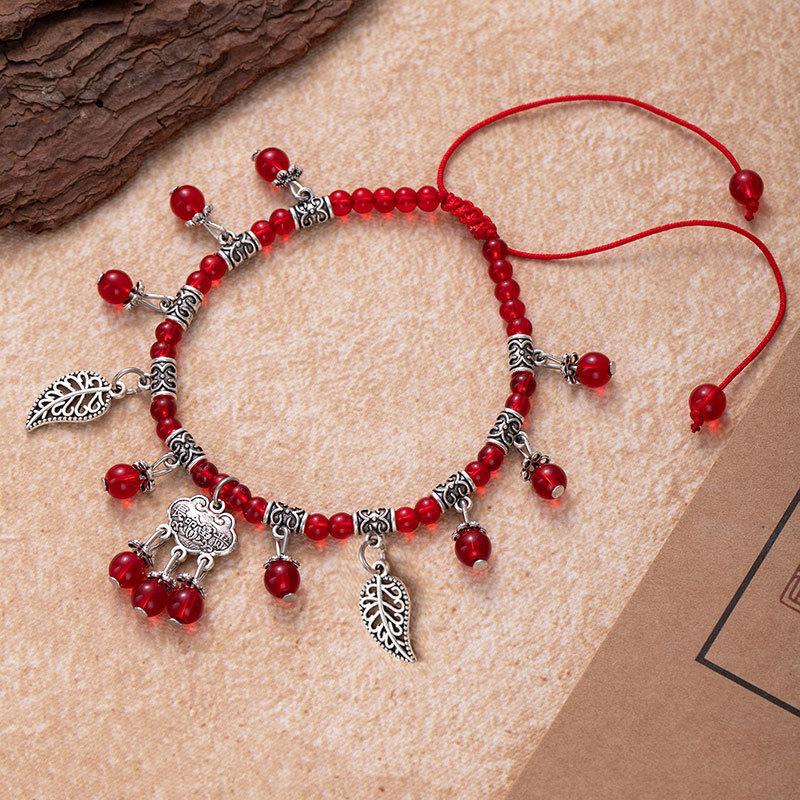 Red String Foot Chain Garnet Foot Accessory Long-life Lock Bell Handcrafted Beaded Accessory