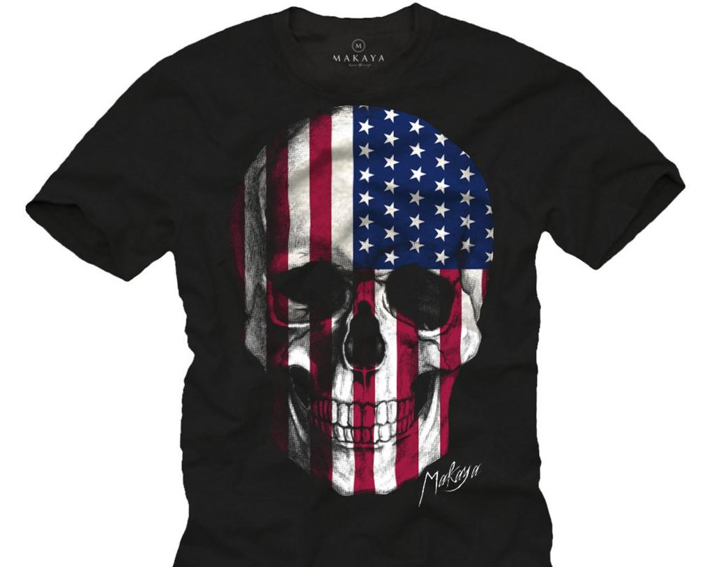 American USA Flag Skull T-Shirt Black S-XXXXXL
