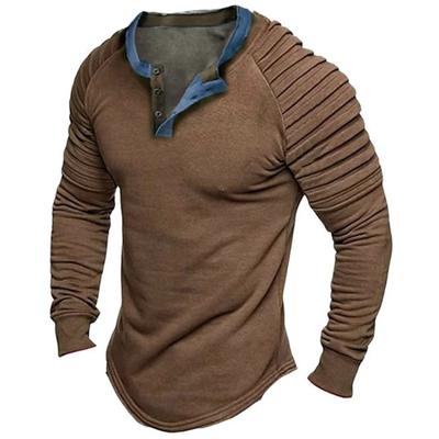 Men's Solid Color Pullover Loose Casual Stand Up Collar Contrasting Pleated Long Sleeved T Shirt
