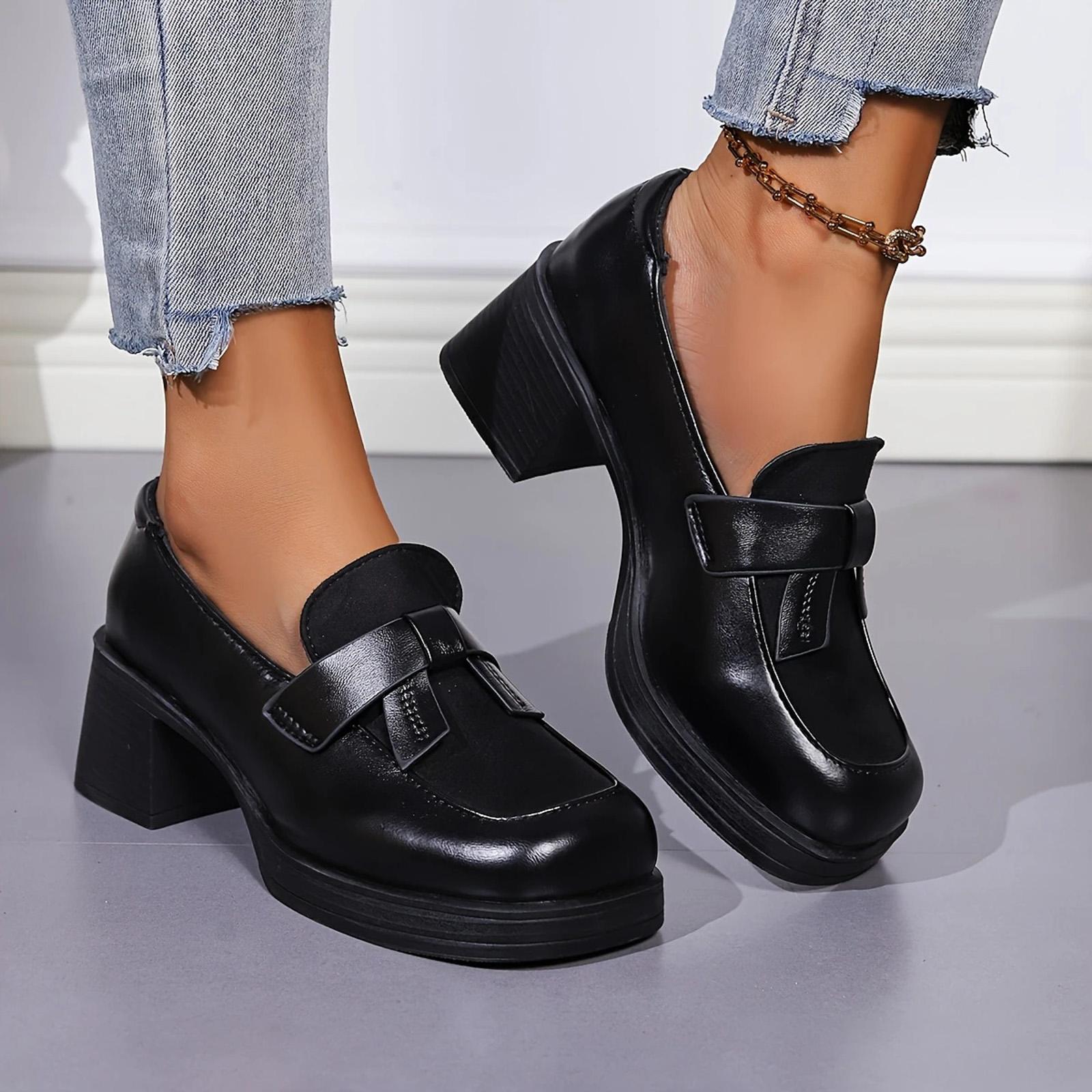 French British Fashion Simple Leather Shoes Women s Thick High Heel Single Shoes Single Shoes High Casual Shoes Women Winter 37 чёрный 3690₽