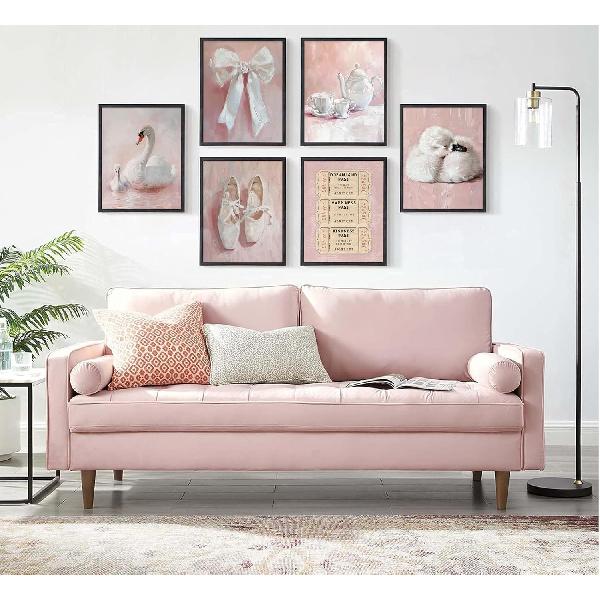 6Pcs Pink Vintage Swan Nursery Wall Art Ballerina Shoes and Bow Painting Picture Wall Decor Retro Tickets and Coffee Cups Preppy Posters Prints