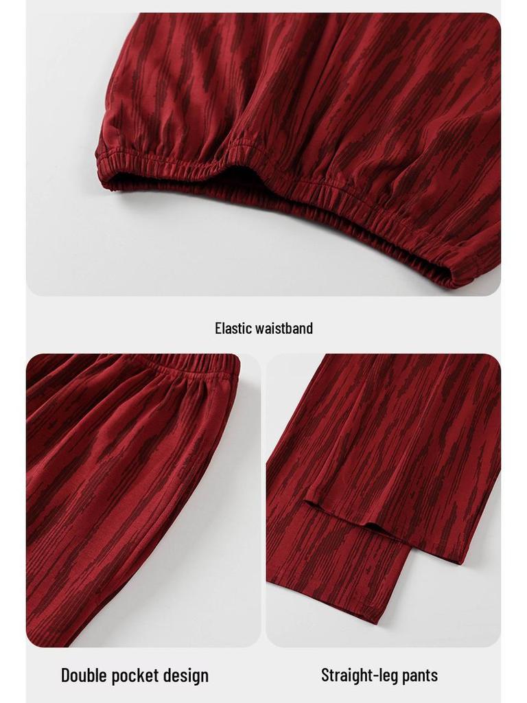Tencel Cotton Red Wedding Pajamas for Couples: Year of the Rat Festive Long Sleeve Pullover Set for Spring and Autumn