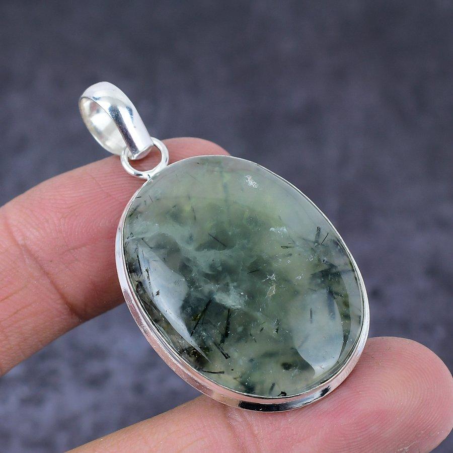 Naturlig Prehnit Ädelsten Handgjord 925 Sterlingsilver Gåvohänge 2.01" A7K19