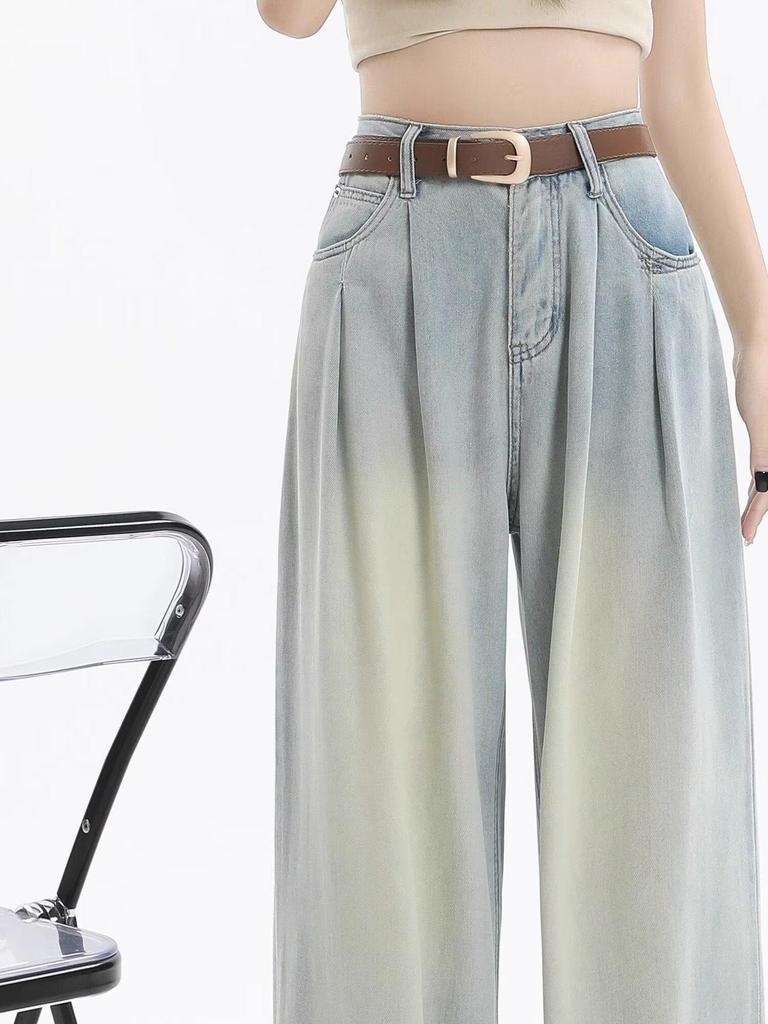 Women's White Wide-Leg Jeans, 2025 Spring/Summer, Pleated High-End, Loose Drapey Full-Length Pants.