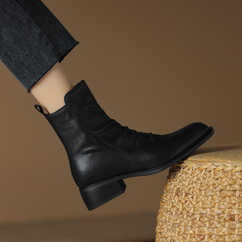 2024 New Genuine Leather Ankle Boots for Women Vintage Zipper Pleated Winter Boots Square Mid Heels Shoes for Women Black Boots