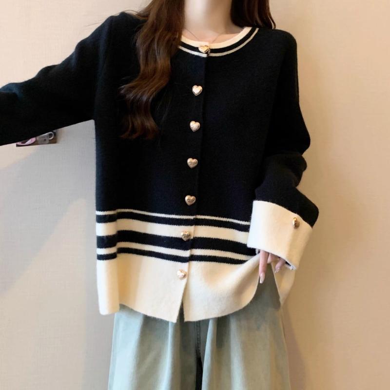 Women's Casual Button Jacket Knitted Contrasting Cardigan Sweater Splicing Top