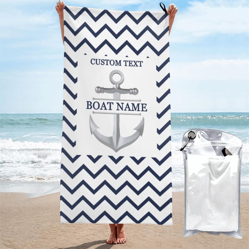 Nautical Anchor Beach Towel Custom Name Chevron Pattern Pool Cloth Tropical Summer Vacation Gift