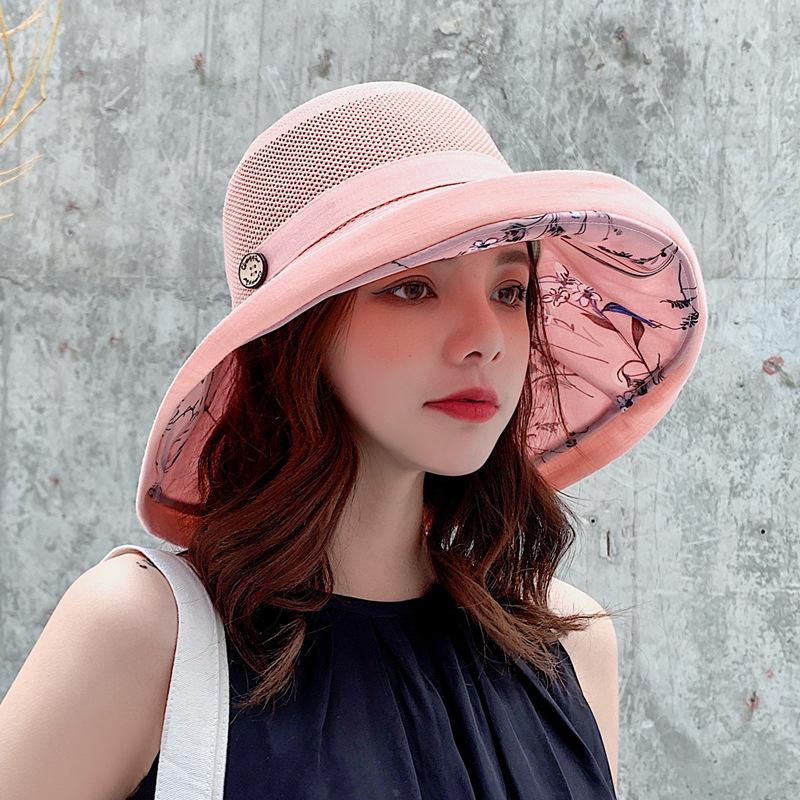 Summer Women's Double-sided Bucket Hat Korean Version Mesh Pattern Button Pot Hat Outdoor Sunscreen Hat