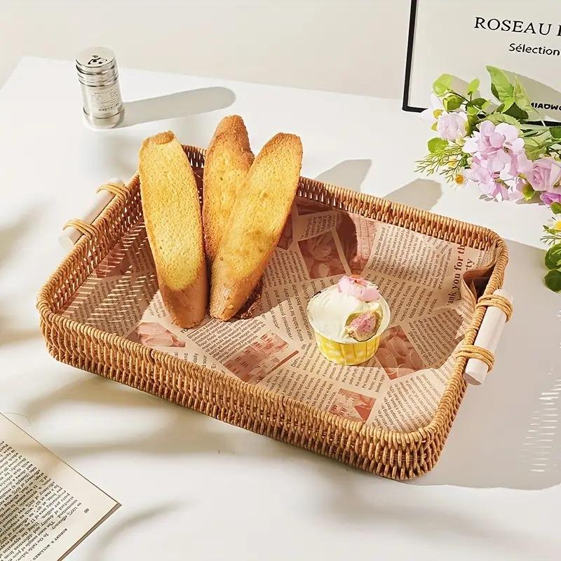 Multi-Use Pp Woven Storage Basket With Wooden Handle Modern Rectangular Shallow Bin For Living Room Bedroom Kitchen Hotel Servic