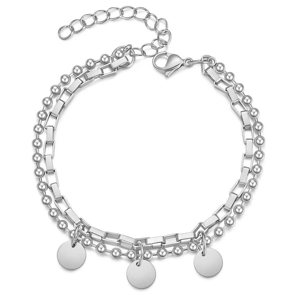 Double Layer Stainless Steel Heart Bracelet with Smooth Round Pendant for Women
