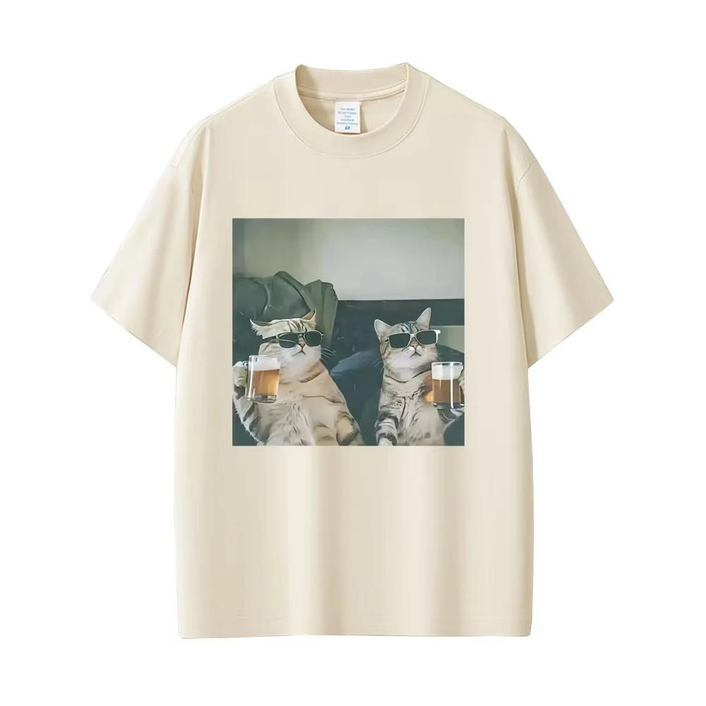 

Cool Cat Drinking Beer Funny Meme T-shirts Men Women Casual Vintage Short Sleeve T Shirt Men s Fashion Crewneck T-shirts 4XL