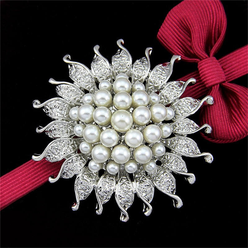 Vintage Silver Plated Imitation Pearl Beads Flower Brooch For Wedding Gift