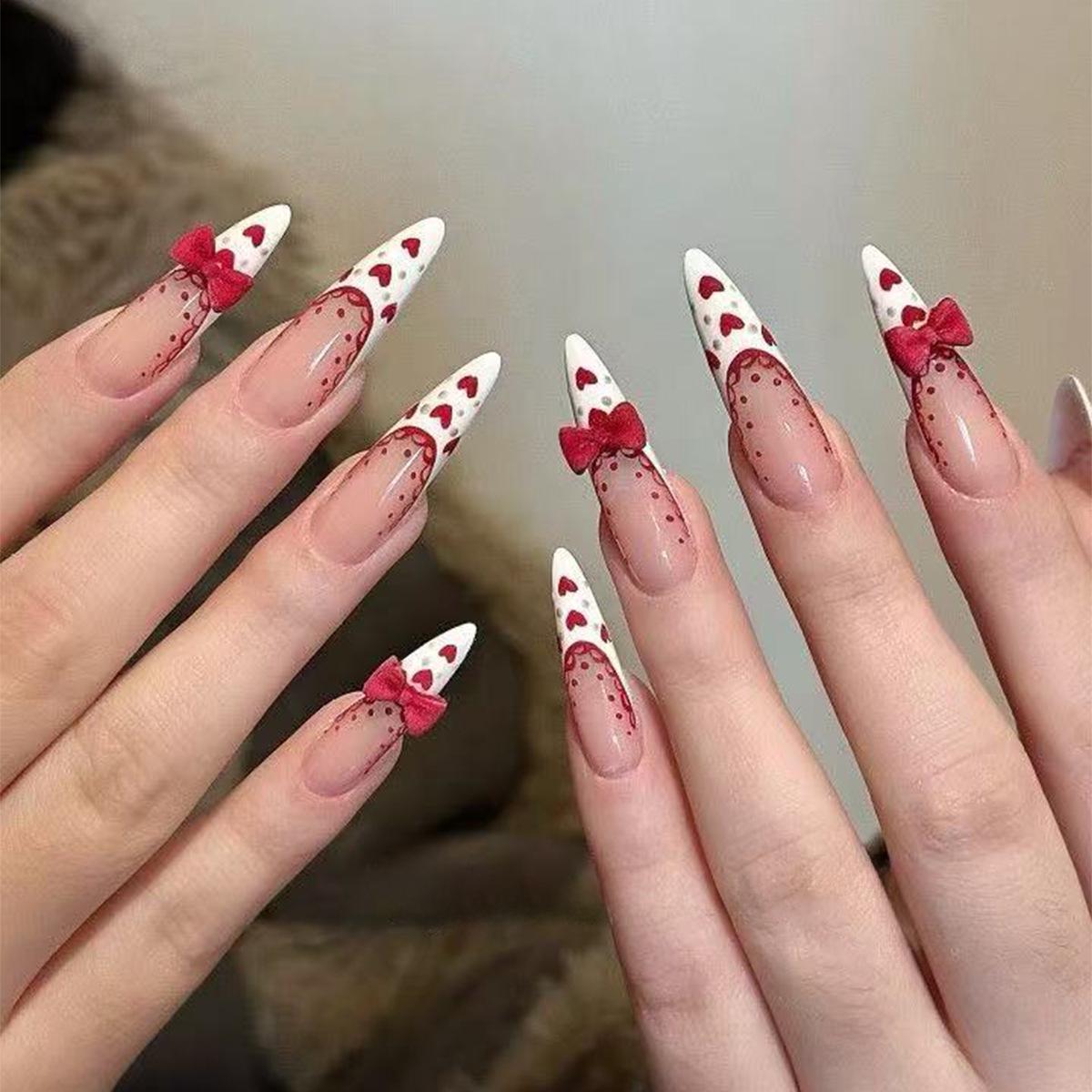 European Valentine s Red Bow & Heart Nail Art with White Lace French Tips Stickers Glue