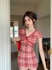 Red plaid short-sleeved dress, female summer spice girl hip-wrapped short skirt, low-cut v-neck skirt