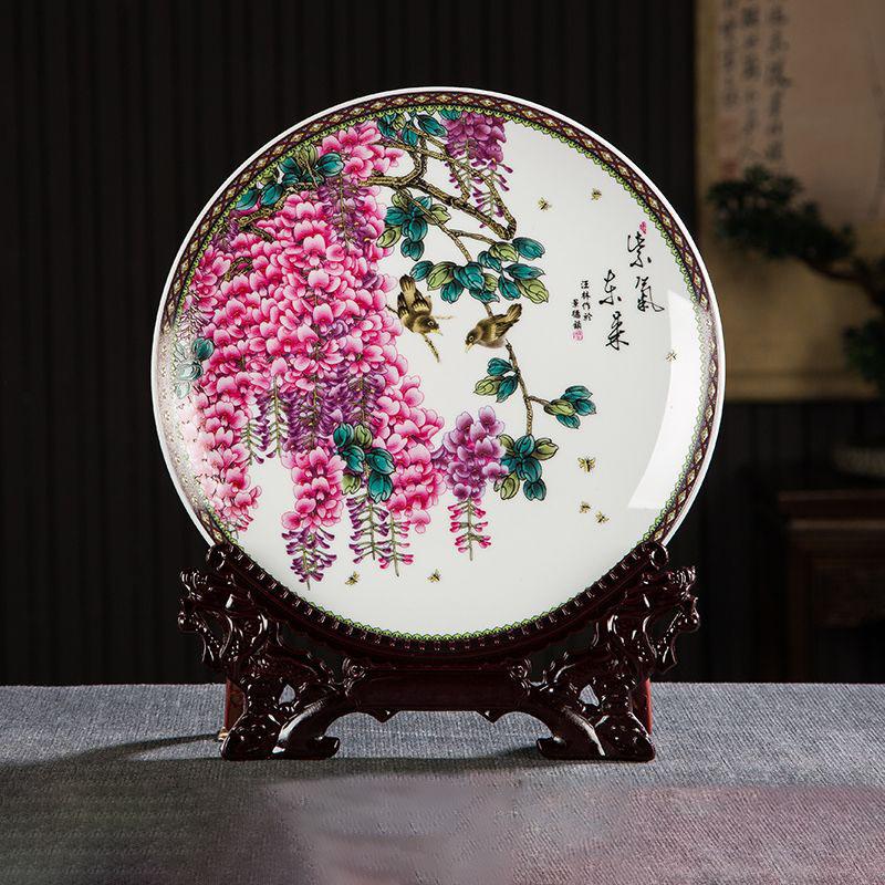 Chinese Jingdezhen Ceramic Plate+Base Set Decoration Items Home Living Room Furnishing Ornaments Office Desk Accessories Crafts