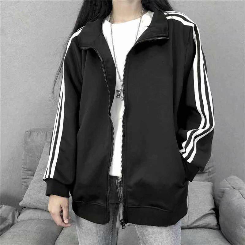 2024 Spring/Summer Women's Korean-Style Three-Bar Baseball Jacket - Black, Lightweight, Loose Fit, Ideal for Students & Trendy BF Look