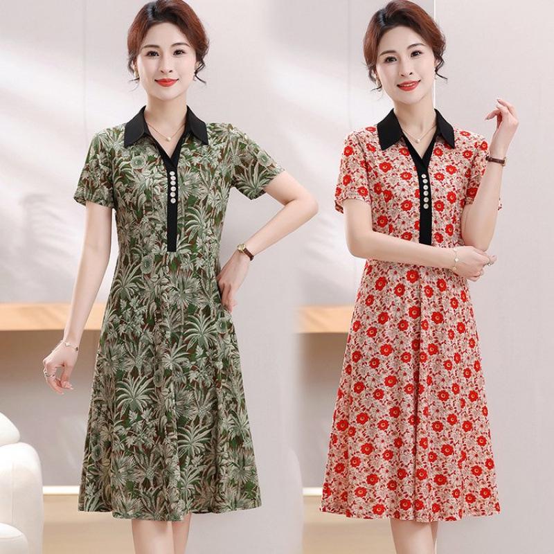 Elegant Summer Lapel Slimming Dress for Middle-aged and Elderly Women