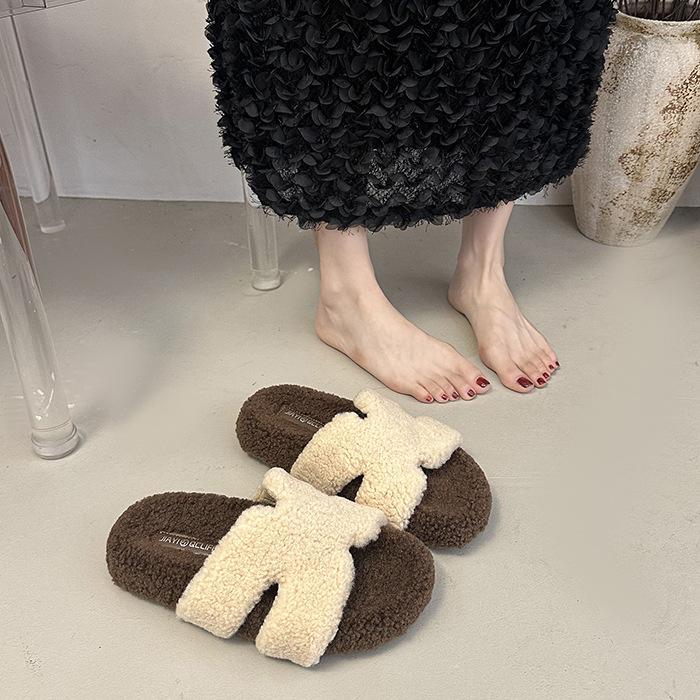 Thick-bottomed Plush Slippers for Women's Outer Wear 2025 Autumn and Winter New Soft-bottomed Fluffy Fashionable Versatile One-word Cotton Mop
