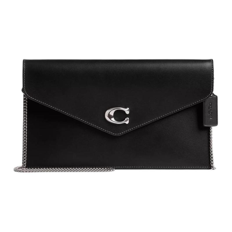 

COACH Essential 27 Logo Chain Shoulder Strap Calfskin Shoulder Crossbody Clutch Large Women s Silver and Black чёрный
