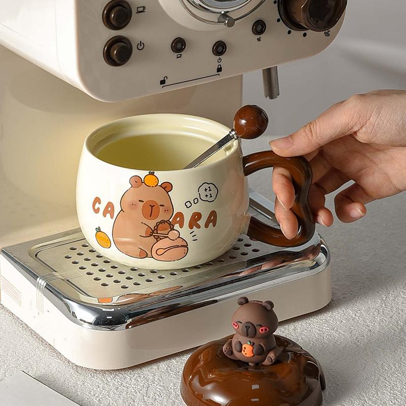 Taza de Capibara Taza Linda con Tapa y Cuchara Cerámica Creativa Estilo para Niños Taza para Desayuno Infantil Gran Capacidad